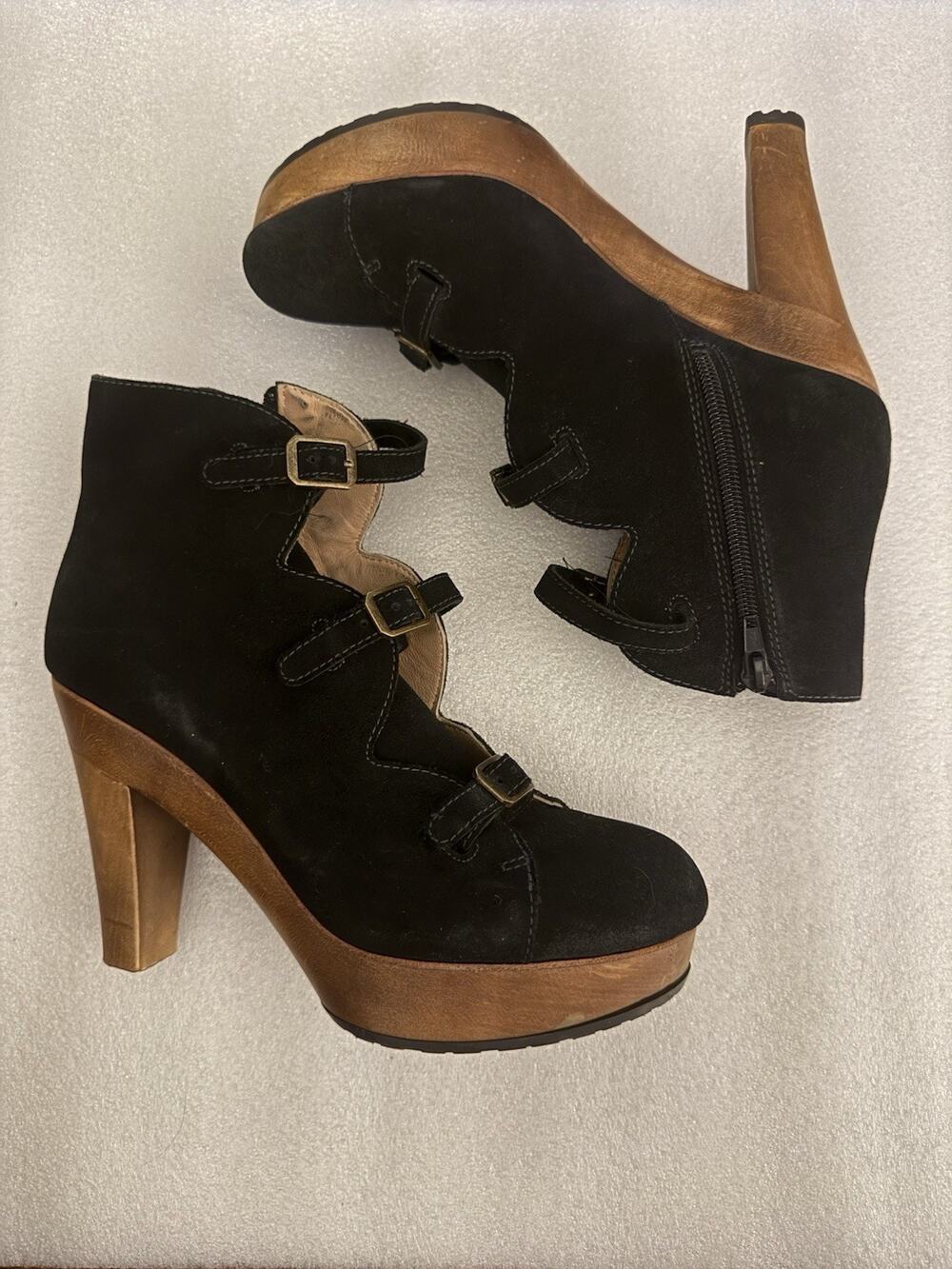 See by Chloe | Solfo Black Suede Leather Buckle Wood Platform Boho Booties 38 8